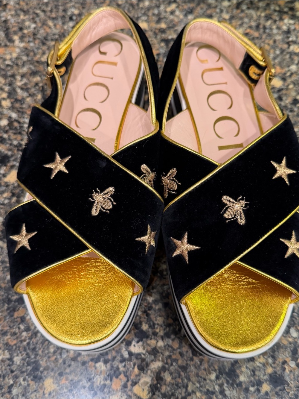 Gucci Black Velvet Platform Sandals with Gold Embroidery 38.5 - Picture 2 of 9